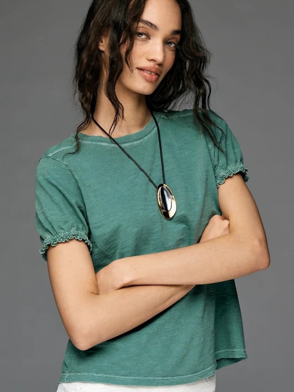 Anthropologie Pilcro Teal Blue The Bennie Short Ruched Sleeve Cotton Top